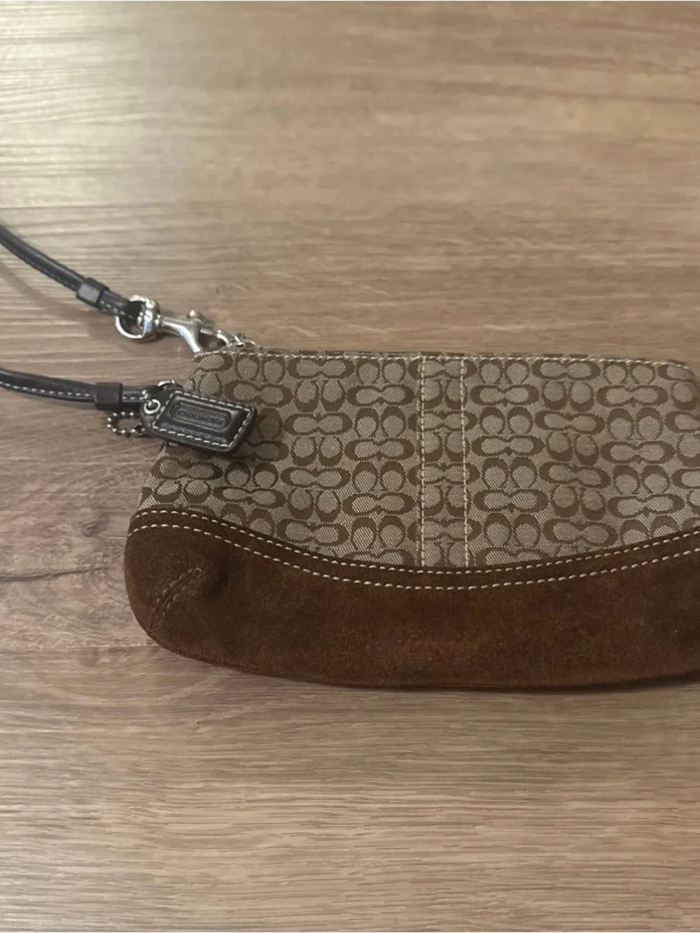 Coach Beige and Brown Signature Canvas Suede Wristlet